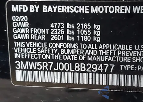 2020 BMW 330I xDrive from USA, damaged, VIN 3MW5R7J00L8B29477